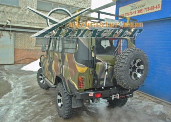 УАЗ-ХАНТЕР тюнинг.  Крепление для доп/канистры, лебедка Come.UP Winch DV-9000L (12V) с ПДУ, антенна р/станции выведена на заднюю панель Багажник в цвет кузова
